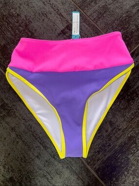 Popvil Colorblock High-Waist Bikini Bottoms — Pink, Purple, Yellow Trim NWT
